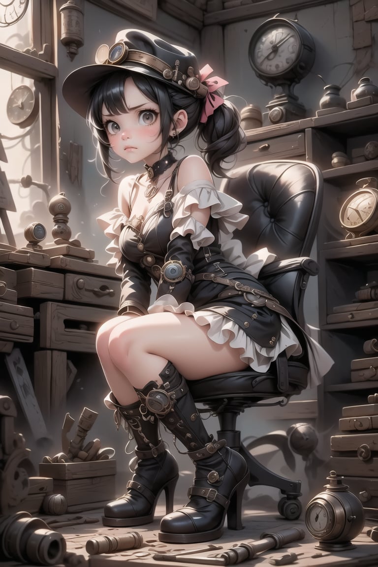 a cute girl ((disgusted look)), pumps, clocktower workshop, steampunk art style