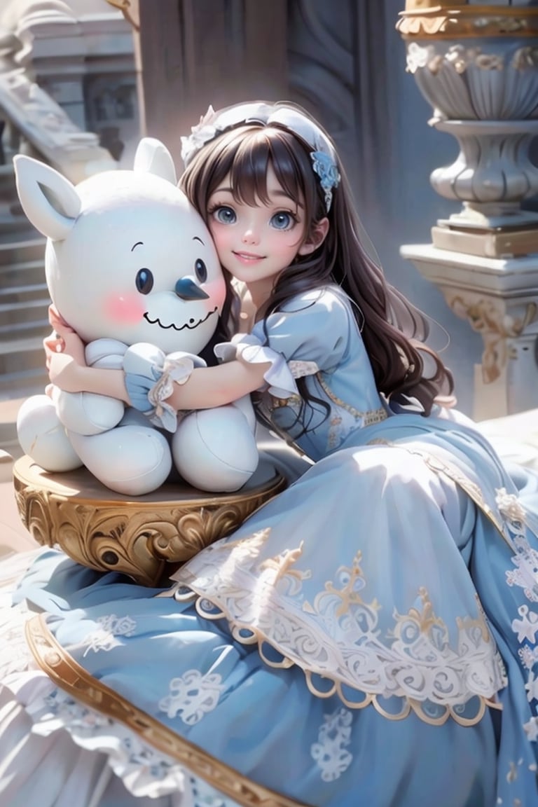 masterpiece, best quality, a girl smiling wearing a fantasy dress, magical dress, cute dress, loli in dress, lovely and cute, style of magical girl, white and pale blue toned, pale blue, soft cute colors, rococo dress, icey blue dress, pastel blue, romantic dress, dreamy style, rococo ruffles dress, hugging a happy snow man