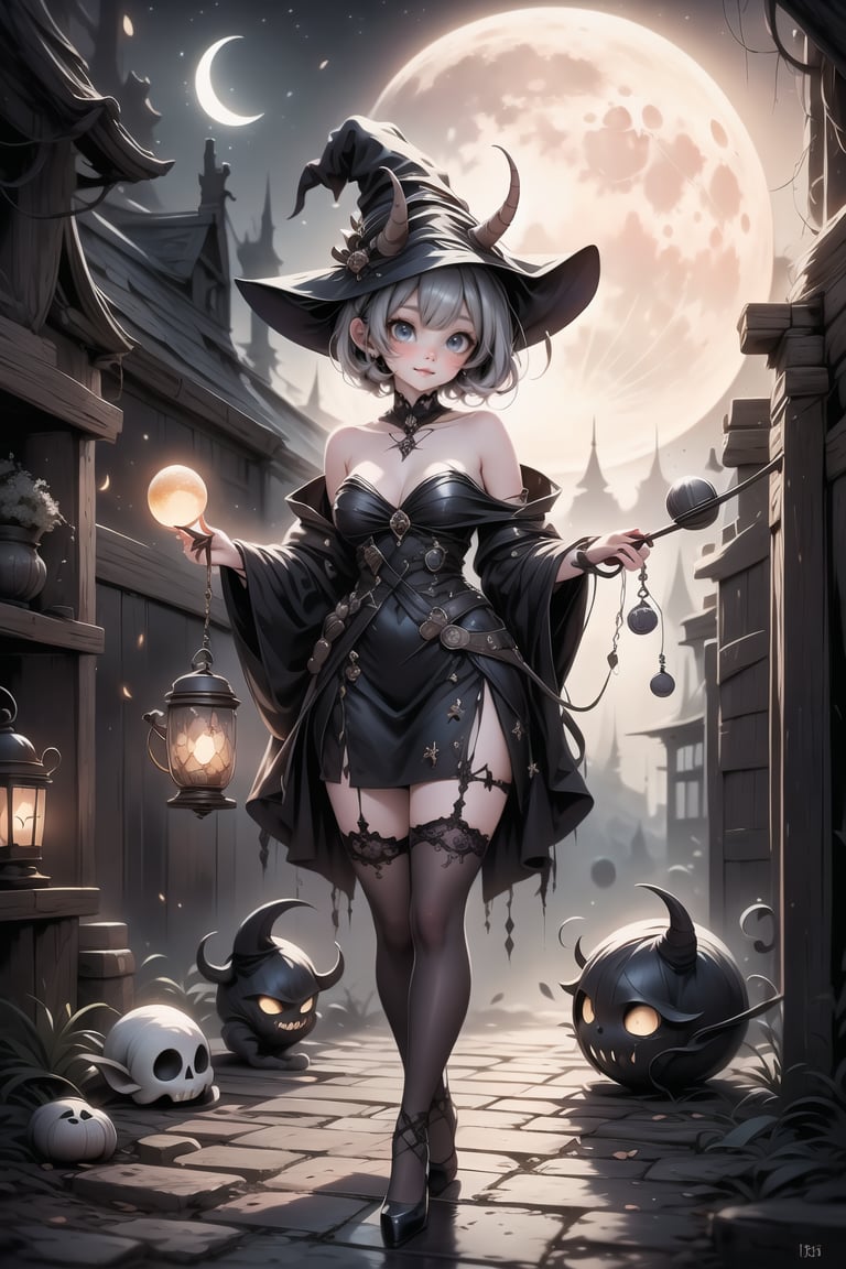 a cute horned witch using a cauldron, red strapless shirt, stockings, pumps, haunted place at night, night, moon