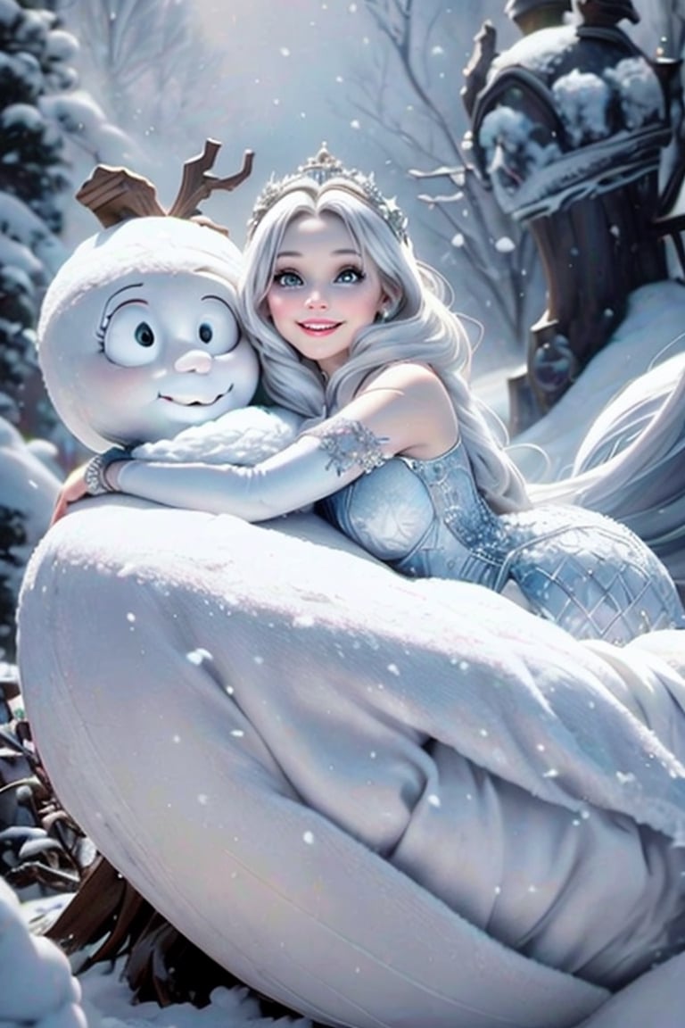 masterpiece, best quality, an ancient frost witch smiling, hugging a giant snow man, wearing a fantasy crystal dress, white hair, dreamy style, rococo ruffles dress, pumps, frozen garden, (falling_snow)