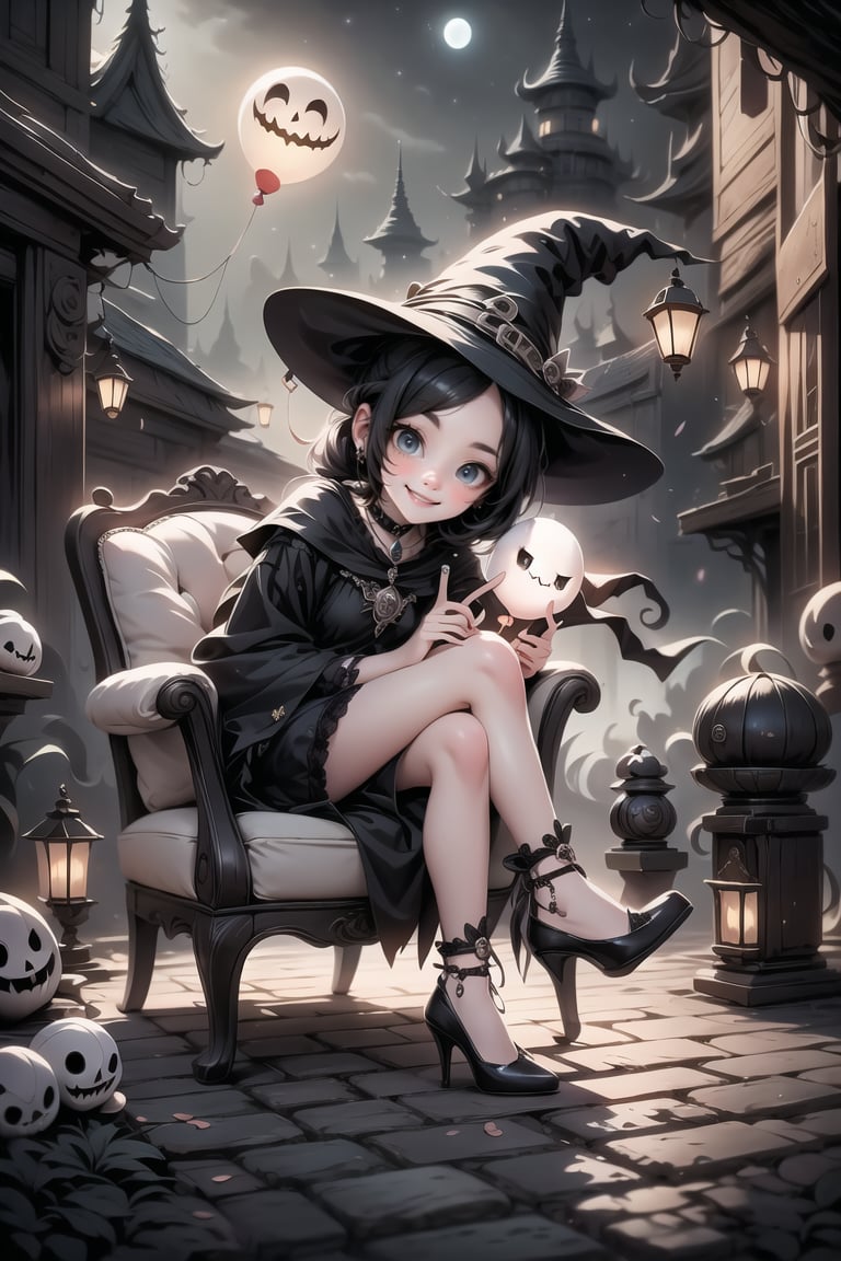 a cute witch smiling sitting on an armchair, pumps, holding a balloon, haunted palace at night, (night scene), 