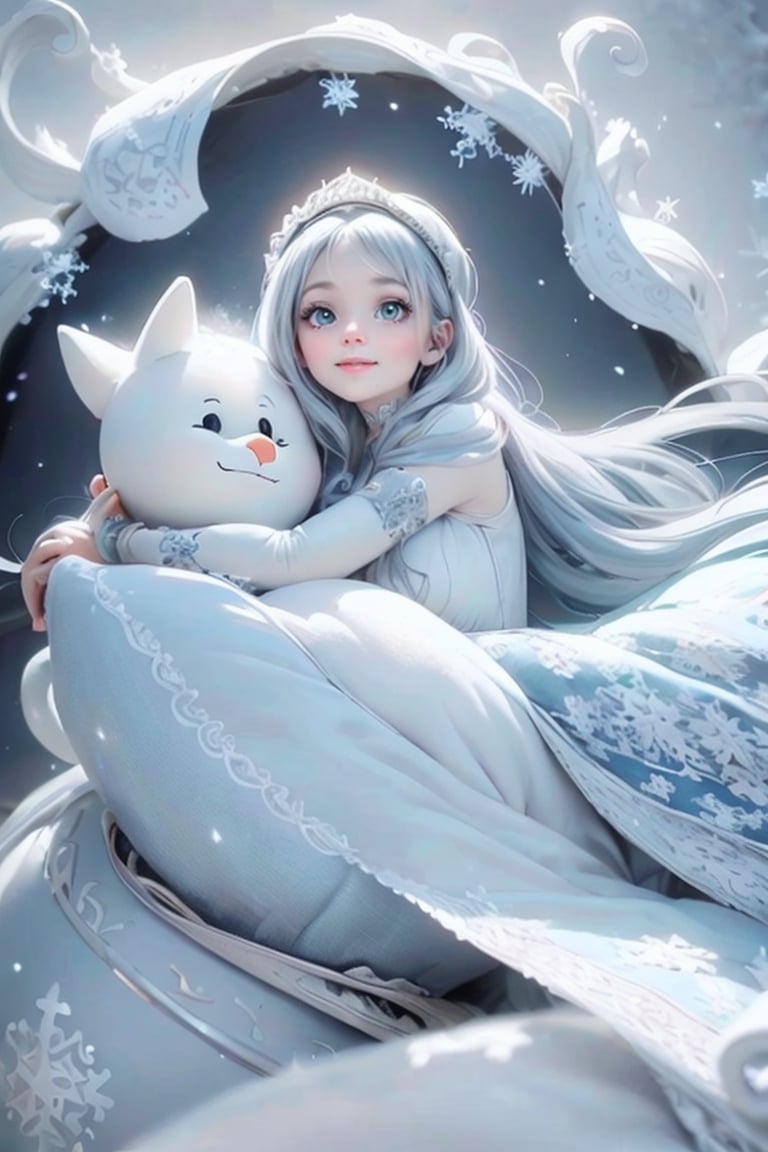 masterpiece, best quality, an ice sorceress smiling, beautiful ancient frost witch, winter princess, hugging a giant snow man, wearing a fantasy dress, white hair, magical dress, cute dress, loli in dress, lovely and cute, style of magical girl, white and pale blue toned, pale blue, soft cute colors, rococo dress, icey blue dress, pastel blue, romantic dress, dreamy style, rococo ruffles dress, pumps, frozen garden, (falling_snow)