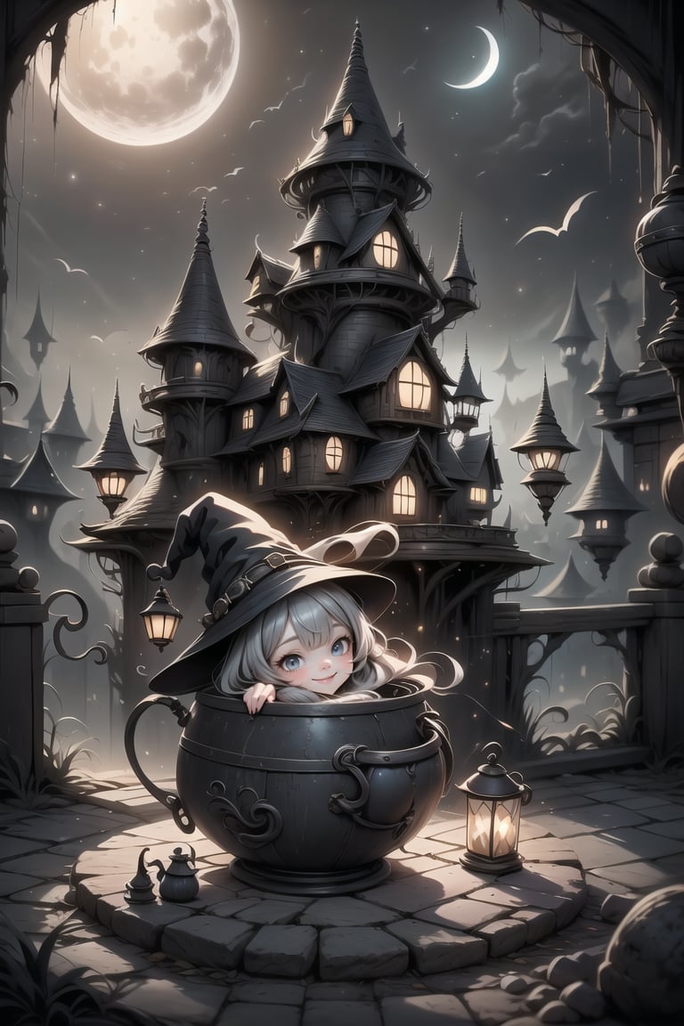 a cute witch smiling using a cauldron, pumps, haunted palace at night, (night scene), ,plastican00d