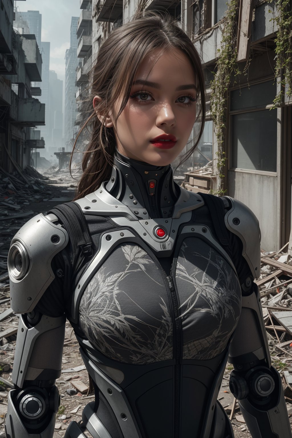 A girl, caucasian, raw photo, best quality, masterpiece, (Realistic:1.6), dressed in a fierce warrior-like robotic exoskeleton suit with intricate futuristic patterns, Ultra-detailed, soft light, 80 mm, f22. A post-apocalyptic cityscape with crumbling buildings and overgrown vegetation creates a dystopian atmosphere. Trending on Art Station Pixel for its evocative storytelling, high detail, and aesthetic appeal. SLR camera, complex details.