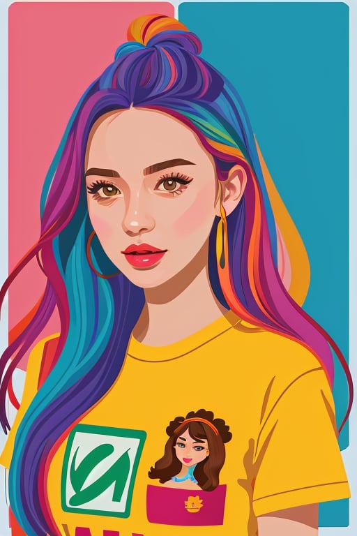 (vector illustration style, flat image), 2d, nft like 2d vector art, vibrant coloring, portrait of gorgeous girl, t-shirt art, sticker, have border