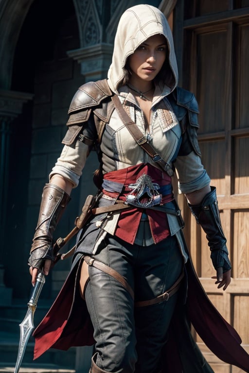 High quality, 1woman, beautiful face, perfect body, assassin's creed, solo, black hair, assassin's armor, assassin's pants, assassin's boots, black-colored apparel
