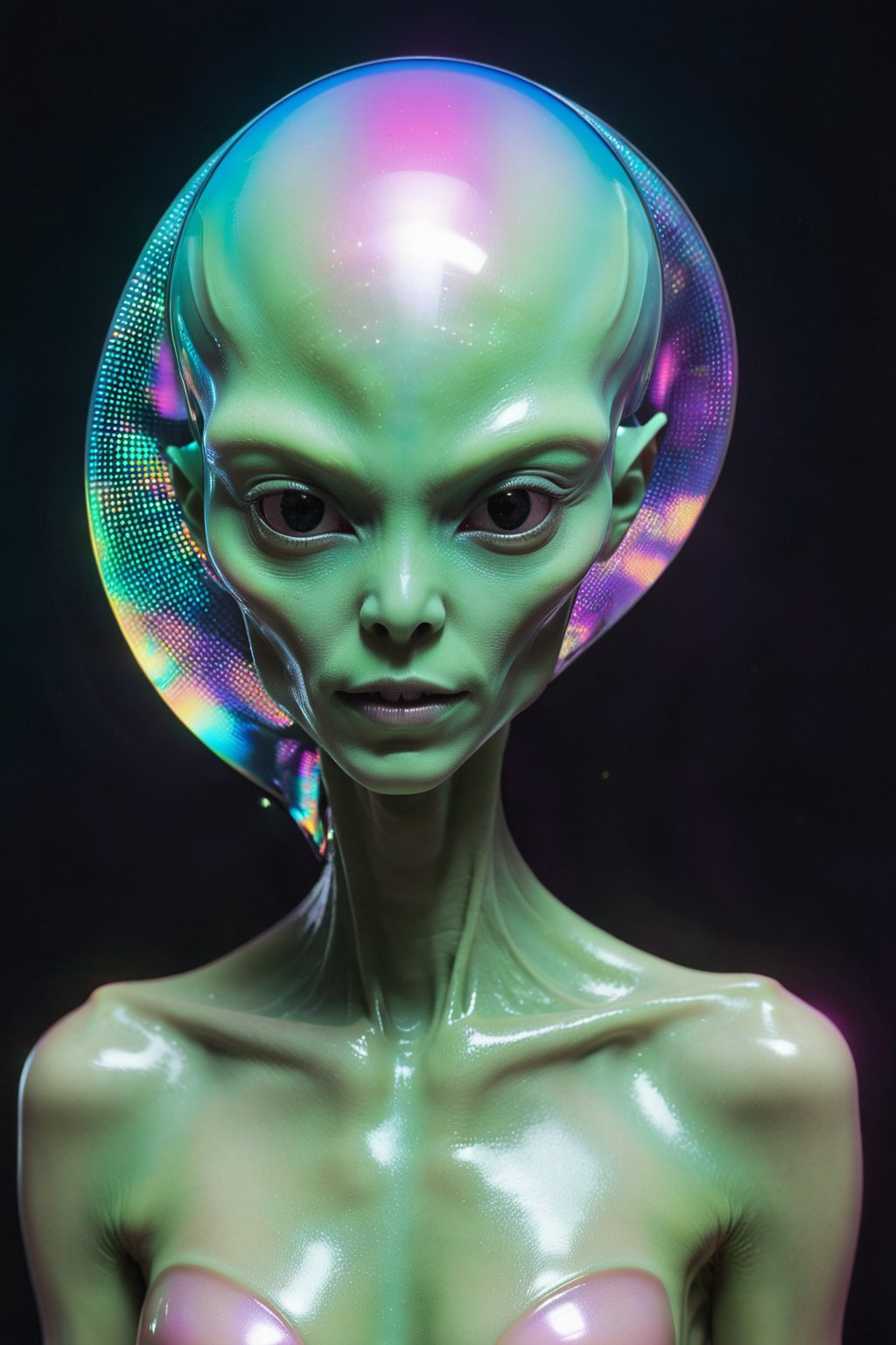 Create a photogenic Instagram alien, featuring a body covered in mini-screens displaying photos and a face that morphs into different filters. It should have a holographic, vibrant appearance