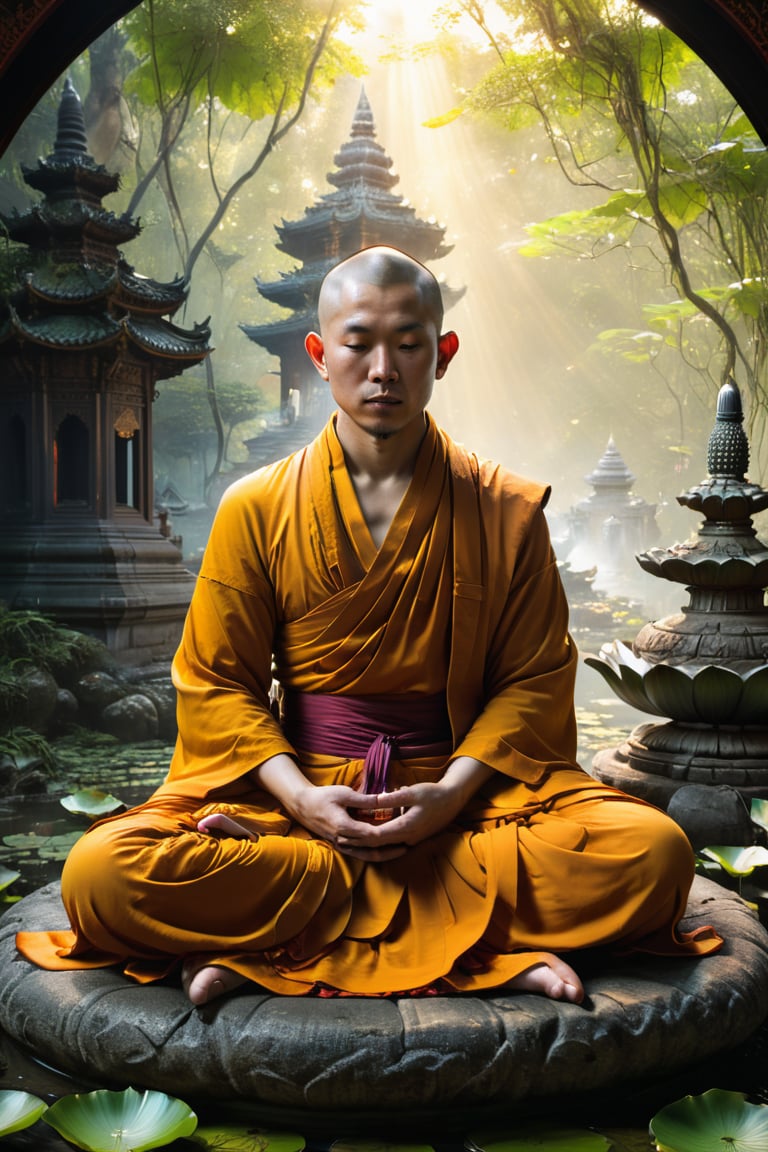portrait, photorealistic of A peaceful and meditative monk dressed in simple saffron robes, seated in a lotus position. He is surrounded by a serene landscape with a pagoda and a Buddha statue, symbolizing enlightenment and inner peace, masterpiece by Aaron Horkey and Jeremy Mann, masterpiece, best quality, Photorealistic, ultra-high resolution, photographic light, illustration by MSchiffer, fairytale, sunbeams, cinematic lighting, Hyper detailed, atmospheric, vibrant, dynamic studio lighting, wlop, Glenn Brown, Carne Griffiths, Alex Ross, artgerm and james jean, spotlight, fantasy, surreal, octane render, unreal engine v5