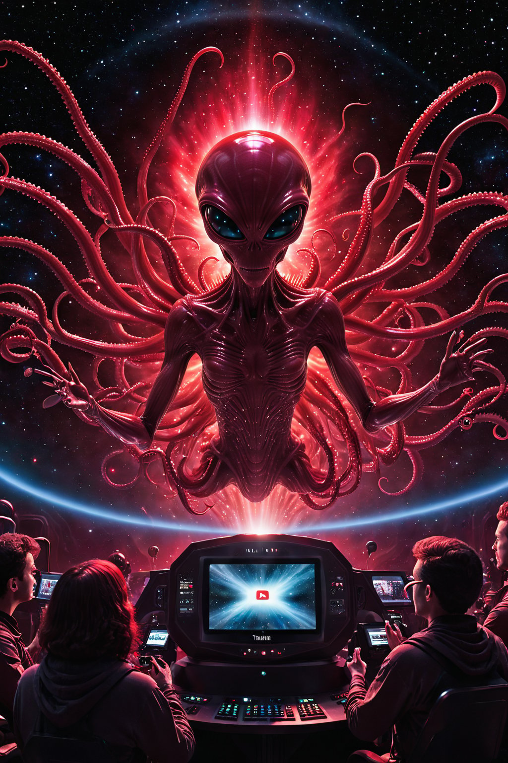 Generate an alien depiction of YouTube, a red-hued, multi-screened alien with a face that displays various video thumbnails, tentacle-like arms holding holographic play buttons, set in a vast, interstellar theater