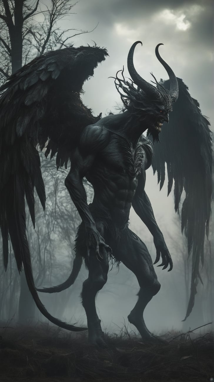 Hungary: The Lidérc - a shape-shifting demon that can take various forms, often depicted as a shadowy, winged creature. Depict it in a dark, rural setting, with ominous shadows and a suffocating atmosphere, MASTERPIECE by Aaron Horkey and Jeremy Mann, sharp, masterpiece, best quality, Photorealistic, ultra-high resolution, photographic light, illustration by MSchiffer, Hyper detailed