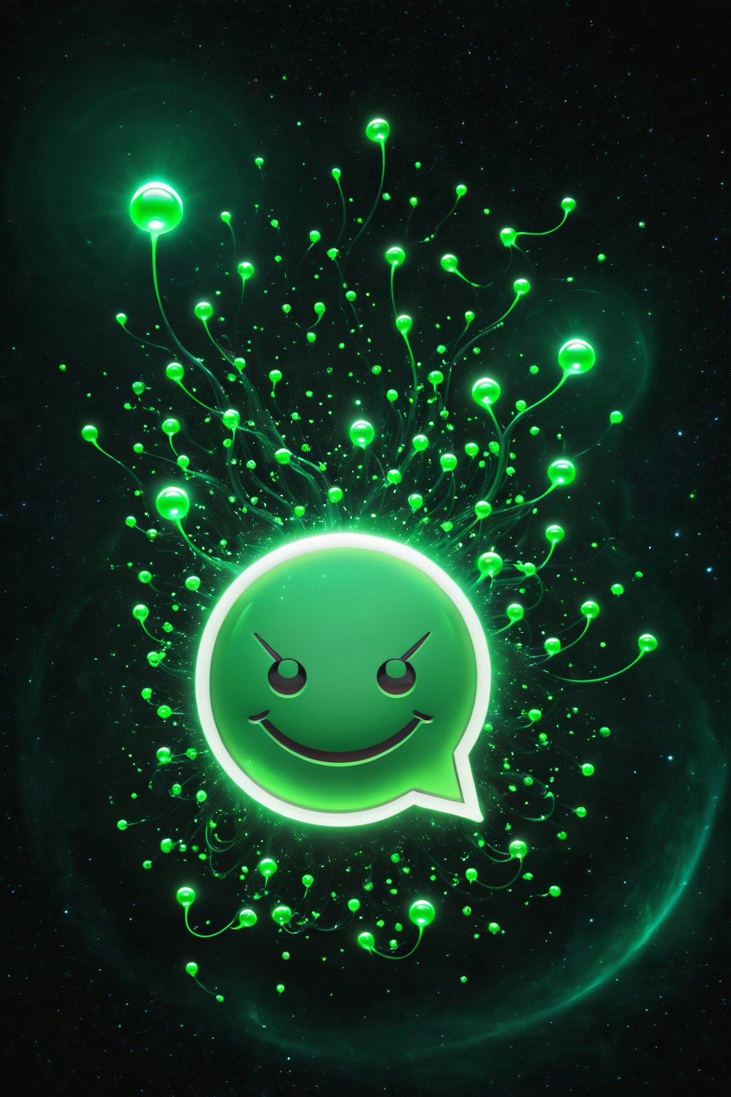Visualize WhatsApp as an alien lifeform, a green, bioluminescent creature with antennae shaped like speech bubbles, communicating through glowing, floating orbs in a vast, dark, and interconnected space