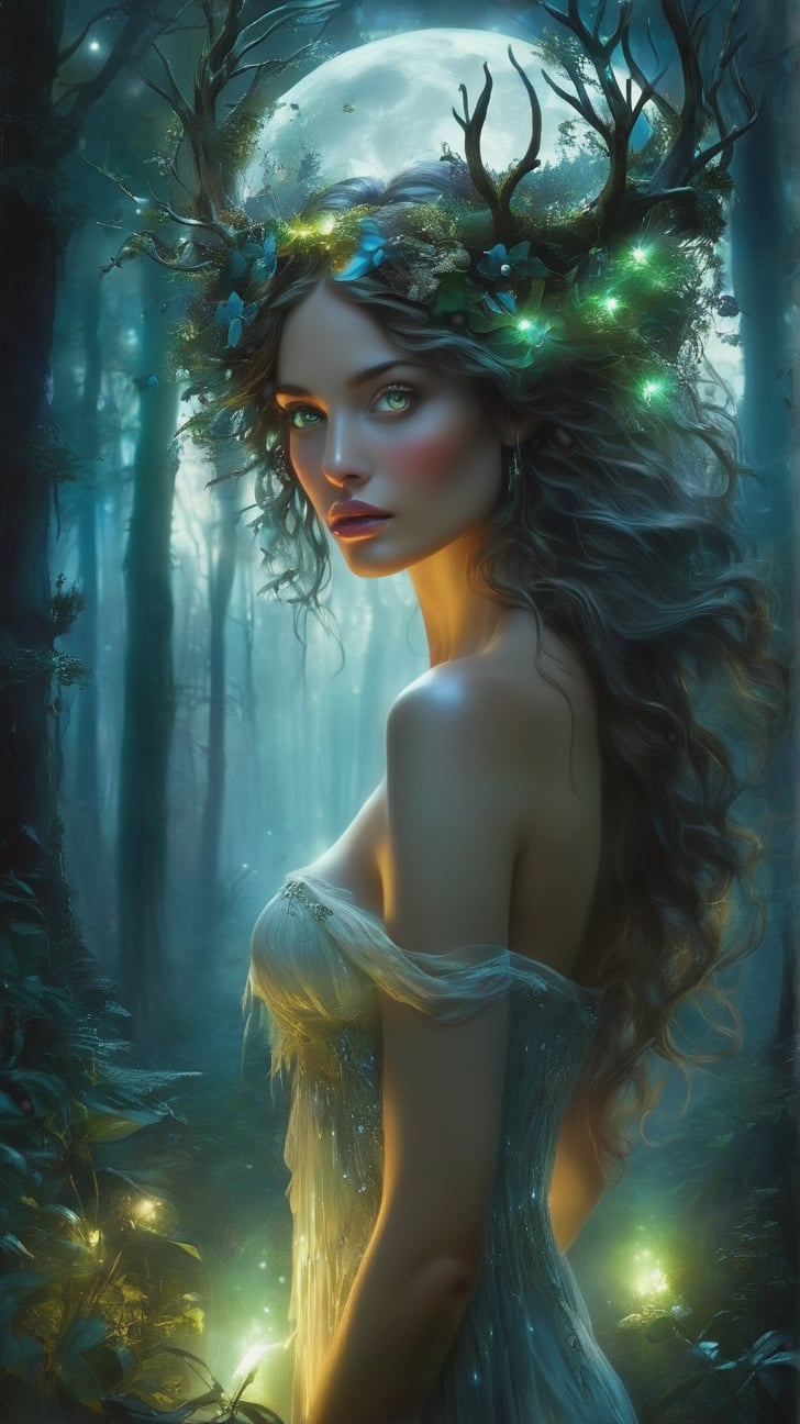 Bulgaria: The Samodiva - a forest nymph with a deadly allure, often shown as a beautiful woman with glowing eyes and flowing hair. Set her in an enchanted forest glade under the moonlight, with an ethereal, otherworldly glow, MASTERPIECE by Aaron Horkey and Jeremy Mann, sharp, masterpiece, best quality, Photorealistic, ultra-high resolution, photographic light, illustration by MSchiffer, Hyper detailed