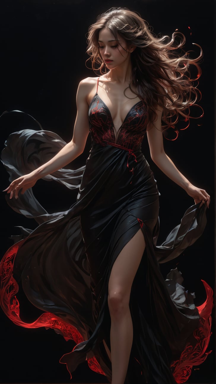 Poster, close-up, Full body, Shadow art, red outline drawing on a dark black background, Red outline silhouette, flowing hair, silhouette of a beautiful young woman, perfect physique, slender graceful forms, charming modesty, perfection in a tight black silk dress, resolution 8k, Side view, Shadows, Mysterious, style of Jean Baptiste Monge, Thomas Kinkade, David Palumbo, Carne Griffiths, MASTERPIECE by Aaron Horkey and Jeremy Mann, sharp, masterpiece, best quality, Photorealistic, ultra-high resolution, photographic light, illustration by MSchiffer, Hyper detailed