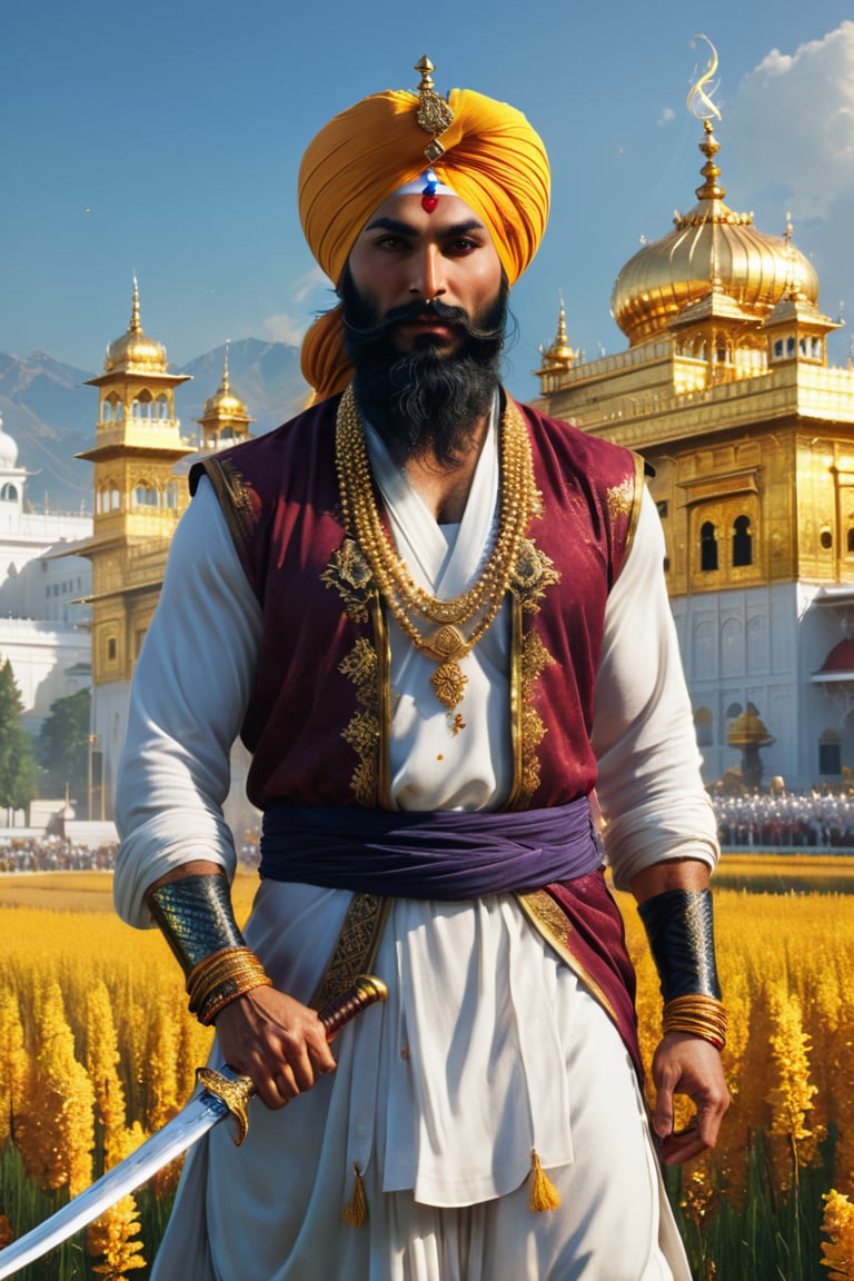 portrait, photorealistic of A noble and strong character wearing a turban and traditional Sikh warrior attire, holding a kirpan (ceremonial sword). He stands in a vibrant field with the Golden Temple in the background, symbolizing courage and faith, masterpiece by Aaron Horkey and Jeremy Mann, masterpiece, best quality, Photorealistic, ultra-high resolution, photographic light, illustration by MSchiffer, fairytale, sunbeams, cinematic lighting, Hyper detailed, atmospheric, vibrant, dynamic studio lighting, wlop, Glenn Brown, Carne Griffiths, Alex Ross, artgerm and james jean, spotlight, fantasy, surreal, octane render, unreal engine v5
