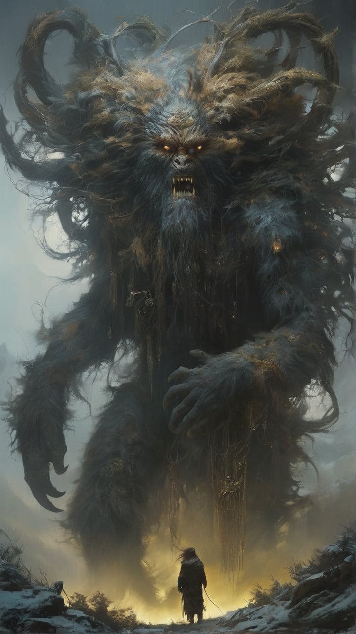 Genderuwo - A large, hairy humanoid creature that preys on women and children,

MASTERPIECE by Aaron Horkey and Jeremy Mann, sharp, masterpiece, best quality, Photorealistic, ultra-high resolution, photographic light, illustration by MSchiffer, Hyper detailed