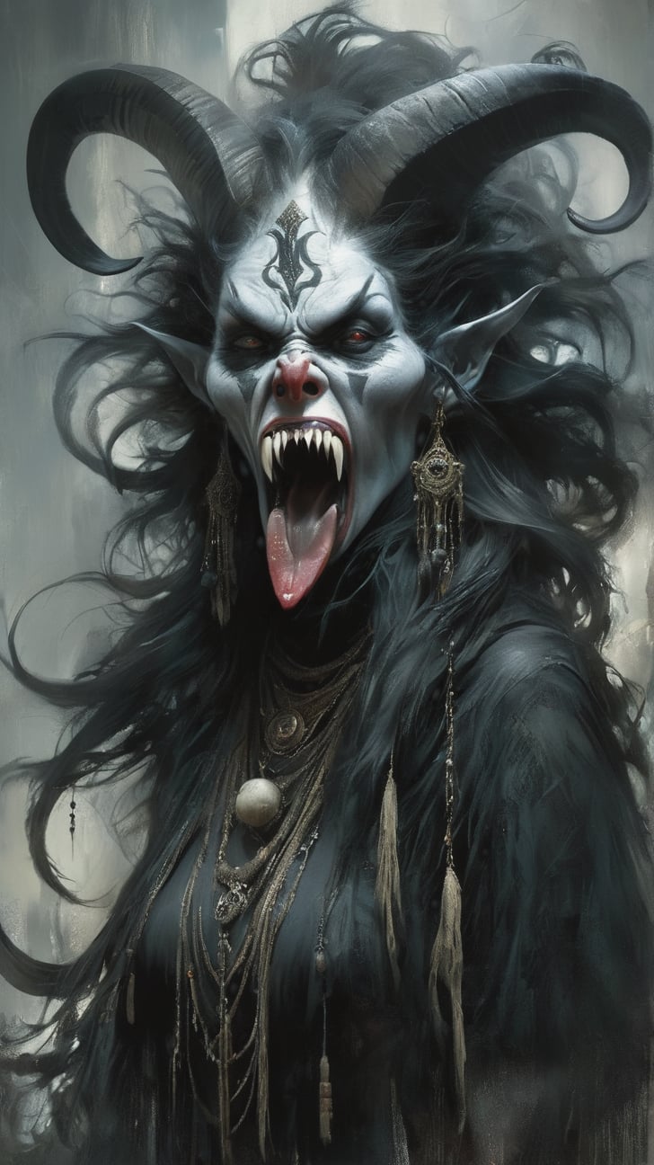 Hantu Rangda - A fearsome witch with a long tongue and sharp claws,

MASTERPIECE by Aaron Horkey and Jeremy Mann, sharp, masterpiece, best quality, Photorealistic, ultra-high resolution, photographic light, illustration by MSchiffer, Hyper detailed