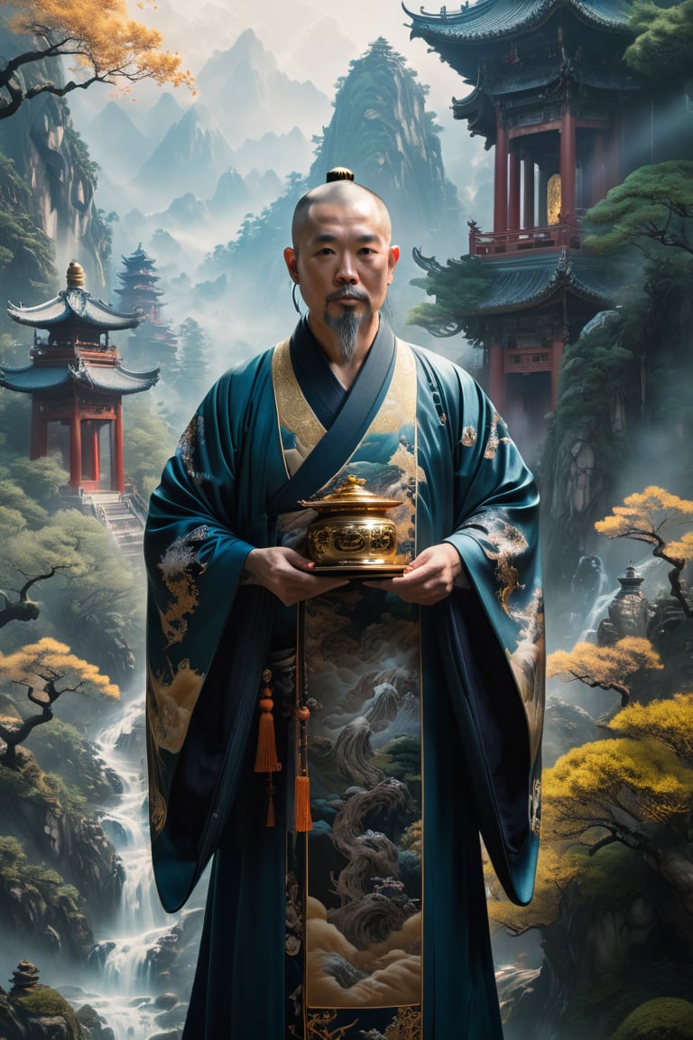 portrait, photorealistic of A wise and serene character dressed in ancient Chinese robes, holding a Taoist scroll. He stands in a mystical landscape with a pagoda, mountains, and a yin-yang symbol, embodying balance and harmony, masterpiece by Aaron Horkey and Jeremy Mann, masterpiece, best quality, Photorealistic, ultra-high resolution, photographic light, illustration by MSchiffer, fairytale, sunbeams, cinematic lighting, Hyper detailed, atmospheric, vibrant, dynamic studio lighting, wlop, Glenn Brown, Carne Griffiths, Alex Ross, artgerm and james jean, spotlight, fantasy, surreal, octane render, unreal engine v5