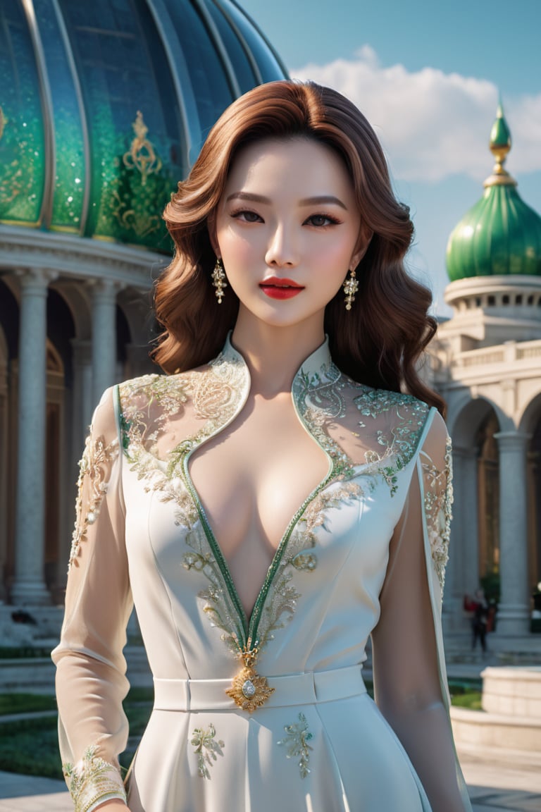 Design an elegant woman representing Oppo, characterized by innovation in camera technology and sleek design. She should have a sophisticated and graceful appearance, dressed in elegant, flowing attire. Accessories might include a high-resolution camera or stylish headphones. The background can include elements of photography and modern architecture, emphasizing Oppo's focus on capturing beauty and style, masterpiece, best quality, Photorealistic, ultra-high resolution, photographic light, illustration by MSchiffer, fairytale, Hyper detailed, octane render, unreal engine v5