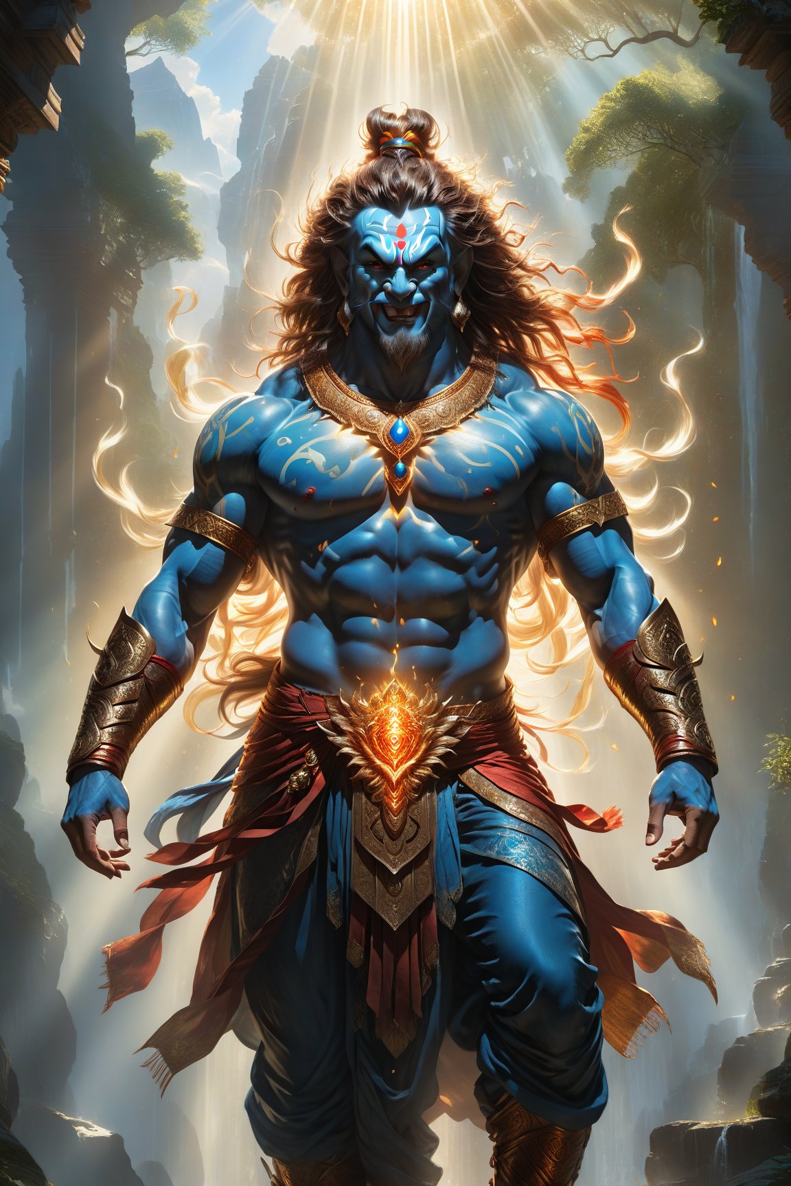 wide shot, full body, photorealistic of male rakshasa kshatra, ultra-high resolution, photographic light, illustration by MSchiffer, fairytale, sunbeams, best quality, best resolution, cinematic lighting, Hyper detailed, Hyper realistic, masterpiece, atmospheric, high resolution, vibrant, dynamic studio lighting, wlop, Glenn Brown, Carne Griffiths, Alex Ross, artgerm and james jean, spotlight, fantasy, surreal