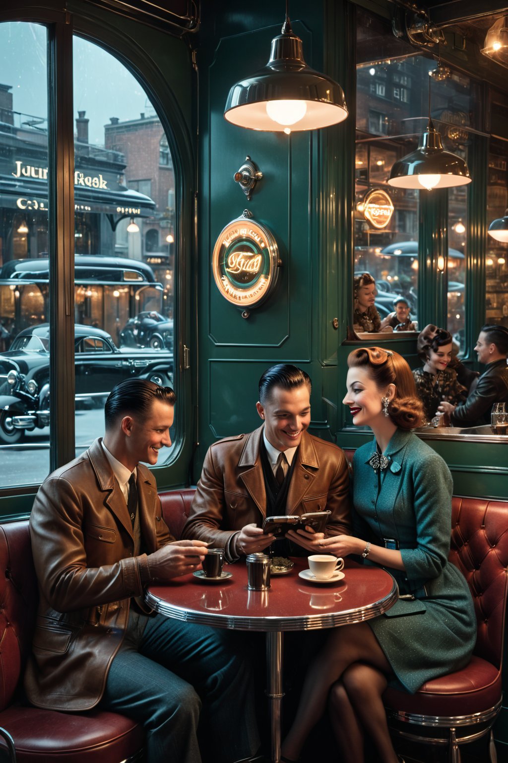 A stylish 1950s couple sitting at a cozy café, exchanging messages on a retro-styled WhatsApp device, with the caption, 'Stay in Touch - Anywhere, Anytime!', masterpiece by Aaron Horkey and Jeremy Mann, masterpiece, best quality, Photorealistic, ultra-high resolution, photographic light, illustration by MSchiffer, fairytale, Hyper detailed, octane render, unreal engine v5