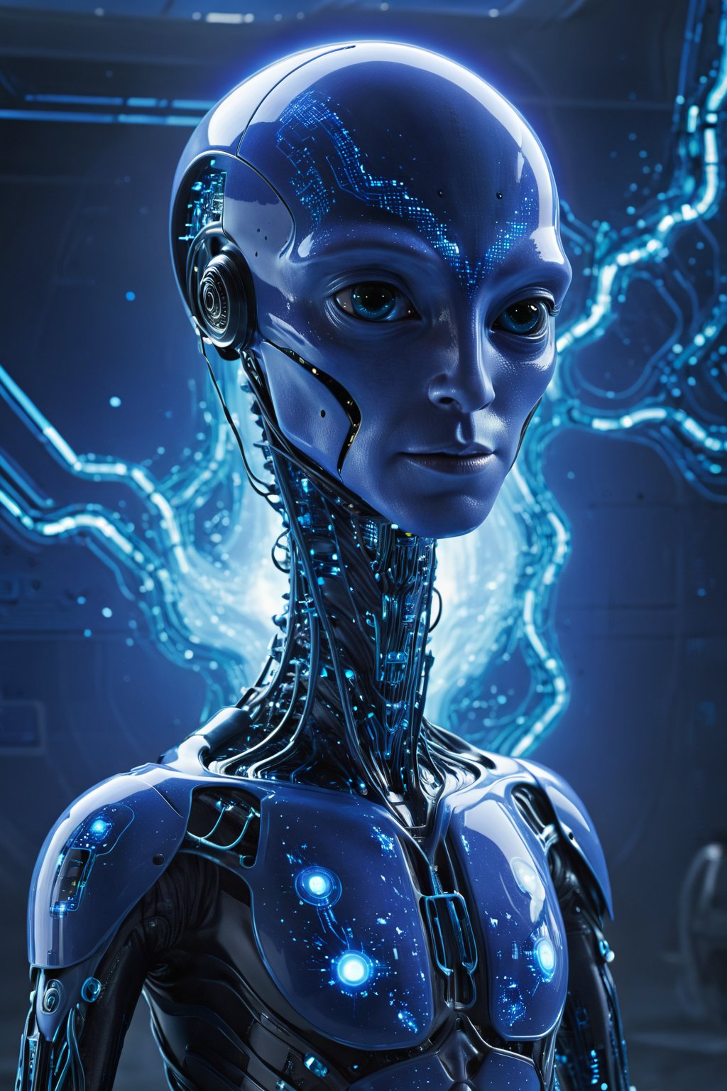 Create an image of Facebook as an alien entity, featuring a humanoid figure with a blue-themed exoskeleton, glowing circuitry patterns, and a face resembling the Facebook logo, set in a futuristic digital landscape