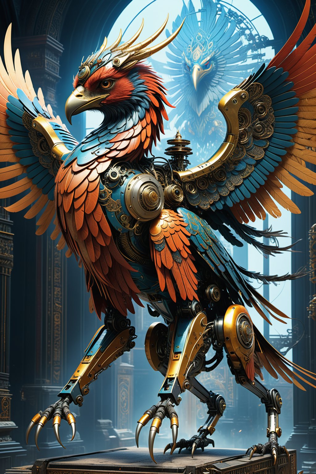 Create a biopunk depiction of ancient Persia as a vicious robotic griffin with mechanical wings and cybernetic talons. The robot should have elements inspired by Persian mythology and heritage, like the Zoroastrian symbol and a digitalized cuneiform script, masterpiece by Aaron Horkey and Jeremy Mann, masterpiece, Photorealistic, illustration by MSchiffer, octane render, unreal engine v5, high resolution, wlop, Glenn Brown, Carne Griffiths, Alex Ross, artgerm and james jean