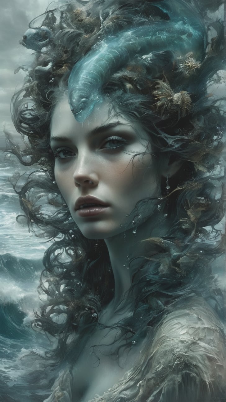 Nalelep - A water spirit that drowns its victims in the sea,

MASTERPIECE by Aaron Horkey and Jeremy Mann, sharp, masterpiece, best quality, Photorealistic, ultra-high resolution, photographic light, illustration by MSchiffer, Hyper detailed