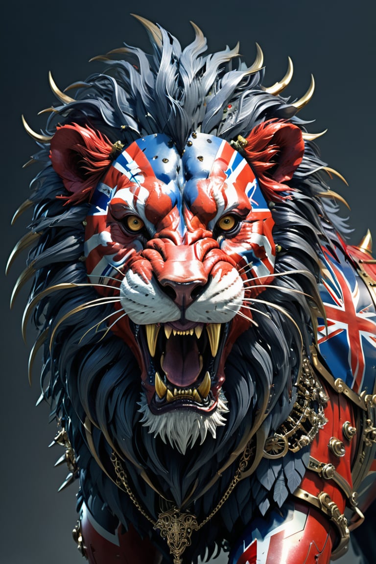 Create a biopunk depiction of the United Kingdom as an ancient, vicious lion with reinforced metal fangs and a cybernetic mane. The lion should have mechanical limbs and elements of British culture, such as a digitalized Union Jack pattern on its body, masterpiece by Aaron Horkey and Jeremy Mann, masterpiece, Photorealistic, illustration by MSchiffer, octane render, unreal engine v5, high resolution, wlop, Glenn Brown, Carne Griffiths, Alex Ross, artgerm and james jean