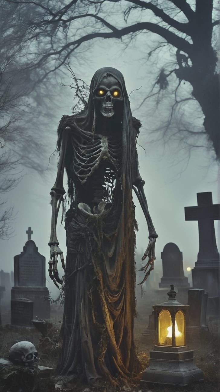 The Gulyabani - a ghoul-like creature that haunts graveyards and feeds on the dead, with a decayed, skeletal appearance and glowing eyes. Place it in a desolate, fog-covered cemetery, with old tombstones and unearthed graves, MASTERPIECE by Aaron Horkey and Jeremy Mann, sharp, masterpiece, best quality, Photorealistic, ultra-high resolution, photographic light, illustration by MSchiffer, Hyper detailed