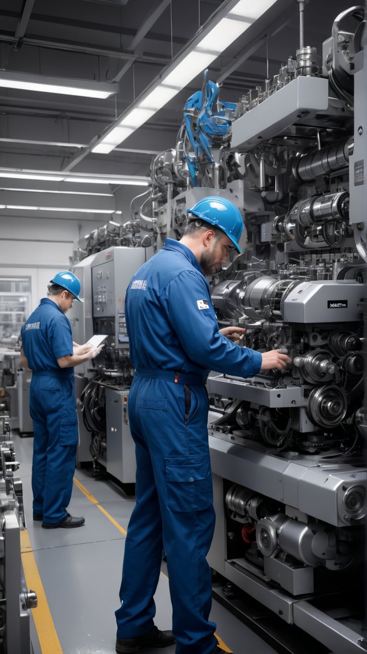 a Swiss maintenance technician is seen wearing a blue uniform, busy inspecting a manufacturing machine in a brightly lit factory. His colleagues, also of Swiss descent, are discussing maintenance schedules in the background. The atmosphere is focused yet collaborative, mirroring the positive work environment of the company. Tools and technical manuals are scattered around, showcasing the technician's required expertise. The scene captures the essence of the job: skilled individuals working diligently in a dynamic setting with opportunities for growth and development, MASTERPIECE by Aaron Horkey and Jeremy Mann, sharp, masterpiece, best quality, Photorealistic, ultra-high resolution, photographic light, illustration by MSchiffer, Hyper detailed