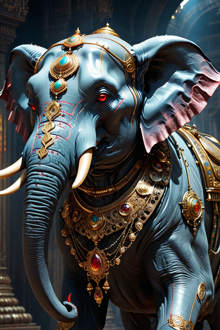 Illustrate ancient India as a fearsome robotic elephant with biopunk enhancements and glowing eyes. The robot should incorporate elements of Indian heritage, like the Taj Mahal patterns and cybernetic versions of traditional Indian jewelry, masterpiece by Aaron Horkey and Jeremy Mann, masterpiece, Photorealistic, illustration by MSchiffer, octane render, unreal engine v5, high resolution, wlop, Glenn Brown, Carne Griffiths, Alex Ross, artgerm and james jean
