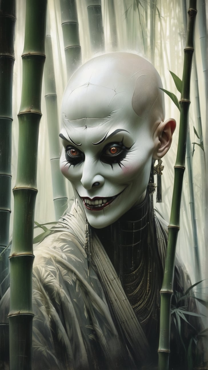 Gundul Pringis - A bald-headed ghost with a sinister grin that lurks in bamboo groves, MASTERPIECE by Aaron Horkey and Jeremy Mann, sharp, masterpiece, best quality, Photorealistic, ultra-high resolution, photographic light, illustration by MSchiffer, Hyper detailed