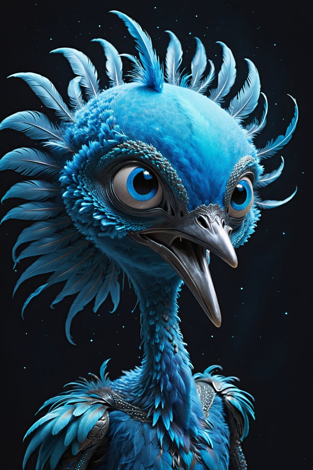 Illustrate Twitter as an alien, with a bird-like appearance and blue feathers that resemble the Twitter logo. The alien should have a beak that looks like it's tweeting, with tiny retweet symbols as wings