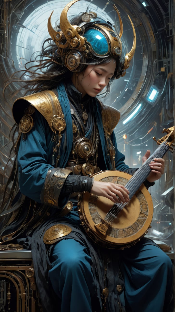 A futuristic entity playing an ancient instrument, symbolizing a timeless connection between past and future. vibrant colors. vibrant colors, MASTERPIECE by Aaron Horkey and Jeremy Mann, masterpiece, best quality, Photorealistic, ultra-high resolution, photographic light, illustration by MSchiffer, fairytale, Hyper detailed