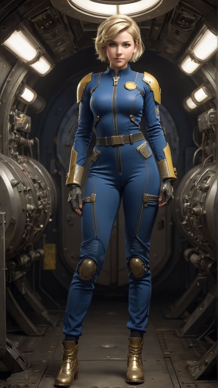 full body, wide shot, 1girl, (Fallout 4 Vault girl), vault tec, sexy girl, beautiful, short blonde hair, smiling with closed mouth, (body tight jumpsuit), (deep blue jumpsuit with golden details from vault 111) (jumpsuit with long sleaves and frontal zipper, no cutouts), combat boots, pipboy on wrist, (vault girl), vault 111, ((curvy body)) defined body, good curves, good lighting, very detailed face, eyes highly detailed, sexy random pos, MASTERPIECE by Aaron Horkey and Jeremy Mann, sharp, masterpiece, best quality, Photorealistic, ultra-high resolution, photographic light, illustration by MSchiffer, Hyper detailed