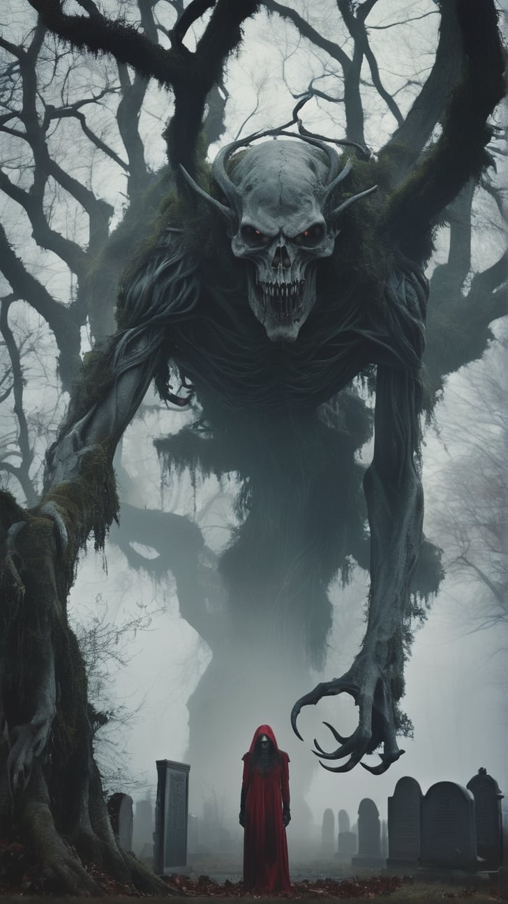 Poland: The Strzyga - a vampiric demon with a gaunt, undead appearance, long claws, and hollow eyes. Illustrate it in an abandoned graveyard, with dense fog and twisted, ancient trees, MASTERPIECE by Aaron Horkey and Jeremy Mann, sharp, masterpiece, best quality, Photorealistic, ultra-high resolution, photographic light, illustration by MSchiffer, Hyper detailed