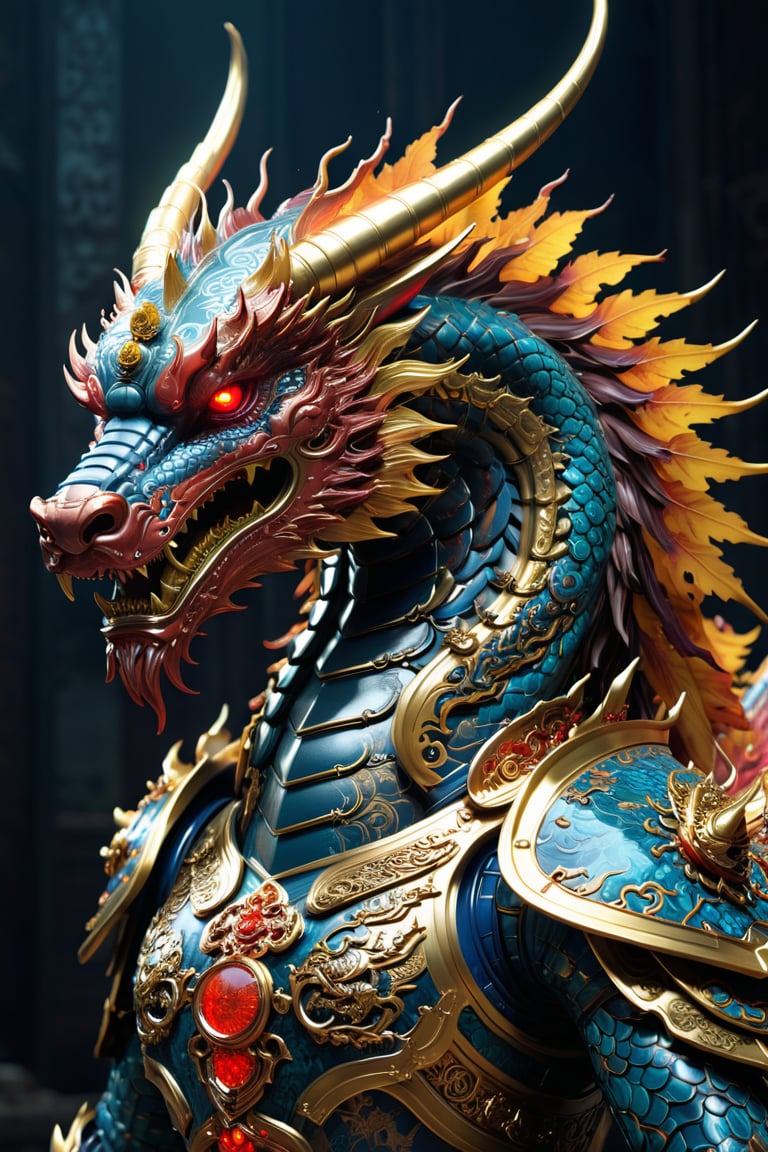 Design ancient China as a powerful robotic dragon with biopunk enhancements and glowing eyes. The robot should have metallic scales and elements of Chinese heritage, such as the Forbidden City patterns and a cybernetic terracotta warrior, masterpiece by Aaron Horkey and Jeremy Mann, masterpiece, Photorealistic, illustration by MSchiffer, octane render, unreal engine v5, high resolution, wlop, Glenn Brown, Carne Griffiths, Alex Ross, artgerm and james jean