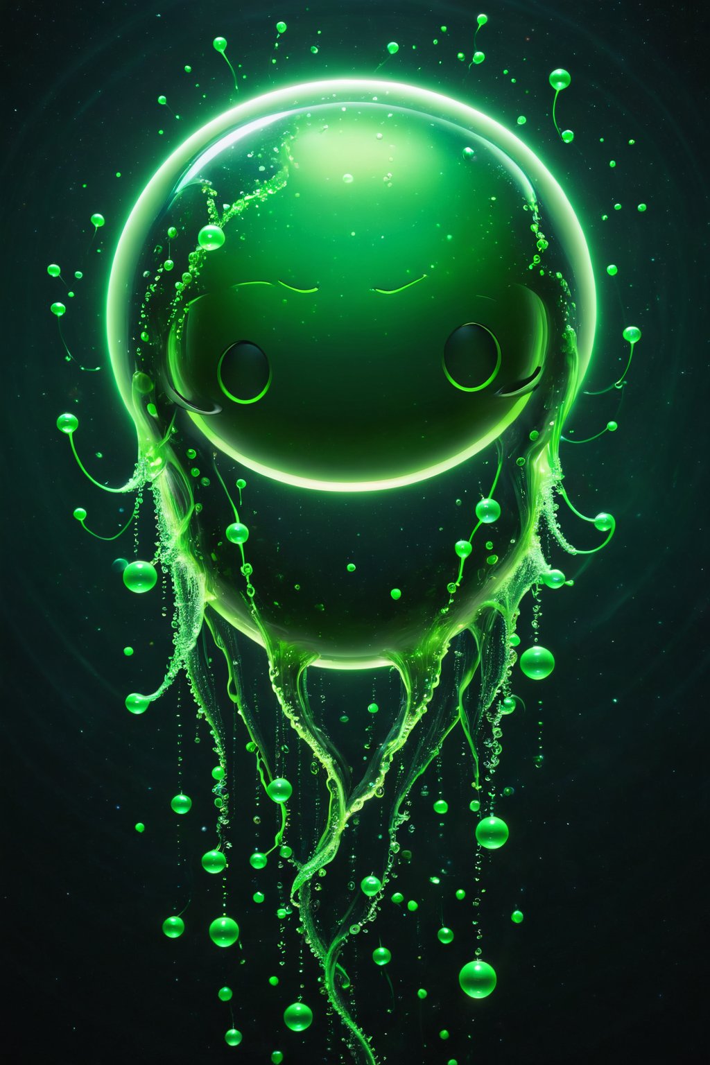 Visualize WhatsApp as an alien lifeform, a green, bioluminescent creature with antennae shaped like speech bubbles, communicating through glowing, floating orbs in a vast, dark, and interconnected space