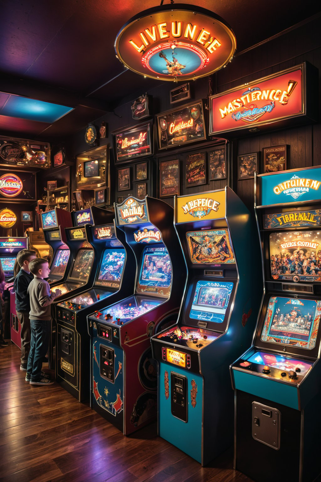 A vintage 1950s arcade with kids playing pinball and an enthusiastic crowd watching a Twitch streamer on an old-fashioned television, with the caption, 'Live Streaming Fun for Everyone!', masterpiece by Aaron Horkey and Jeremy Mann, masterpiece, best quality, Photorealistic, ultra-high resolution, photographic light, illustration by MSchiffer, fairytale, Hyper detailed, octane render, unreal engine v5