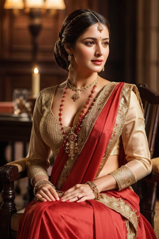 historical movie still, Spanish (noble lady) sitting on the chair, sleeves, (breasts out:1.2), big breasts, medieval (Lightsaber Red:0.8) dress,cleavage, (detailed eyes),Saree