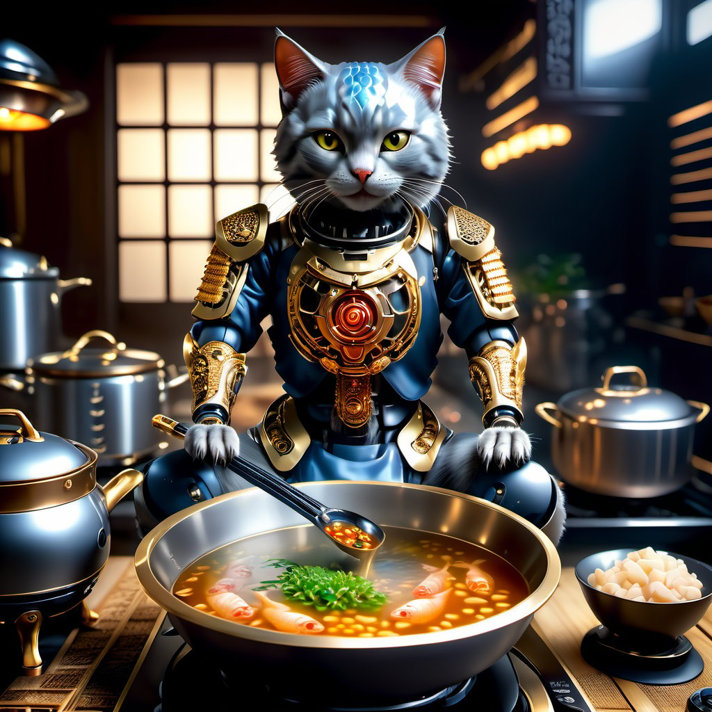 a HDR full body shot photograph of (((cutest young smiling samourai cat intricate detail)))((cooking fish soup:1.2)), ((intricate cyberpunk cyborg:1.2)), detailed eyes, soft bokeh, (atmospheric light), (sharpen light and shadow),   