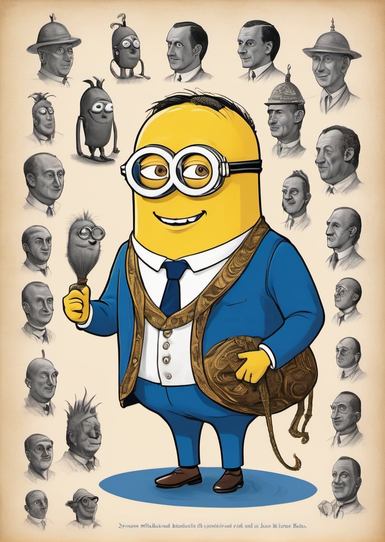 (smiling Minion dressed as the recognizable leader with a distinctive short haircut:1.6). A unique haircut characterized by its contrasting lengths between the top and the sides, A structure made from bananas positioned behind. Many Minions clinging to a large, finned device. Banana bunches are attached to this cylindrical object with tail fins, dominant Minion figure, expressive pose, prominent banana 
,pencil sketch
