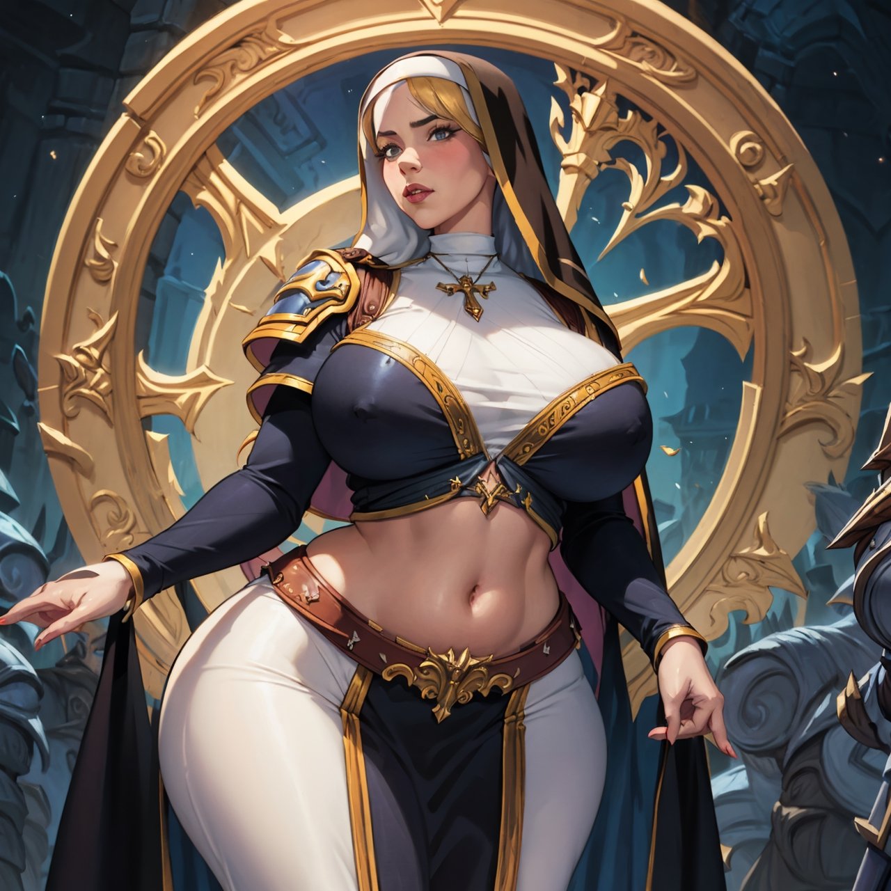 illustration of a milf nun, ((wearing warcraft style fantasy armor)), (thicc, curvy figure, huge breasts, wide hips), ((art nouveau)), dramatic lighting, celestial theme, milfication, mature,