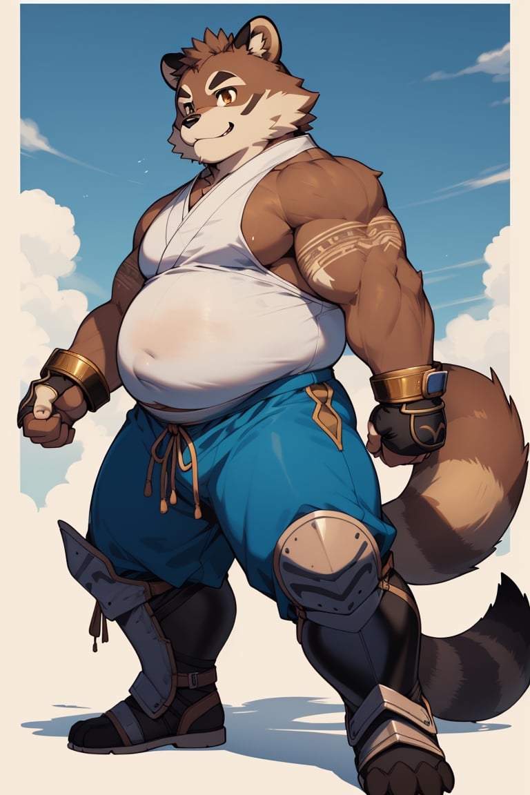 ((1male, fighter, long pants, solo)), (((chubby, belly, bara stocky:1.3, short))), (round_face, thick eyebrows), soft smile, (tanuki, raccoon boy), full body shot, (wrist cuffs), ((brown fur, blue monk clothes)), (((shin guards))), (front_view), (chubby_face:0.8), male focus, fighting stance, best quality, masterpiece, intricate details, Anime, nj5furry