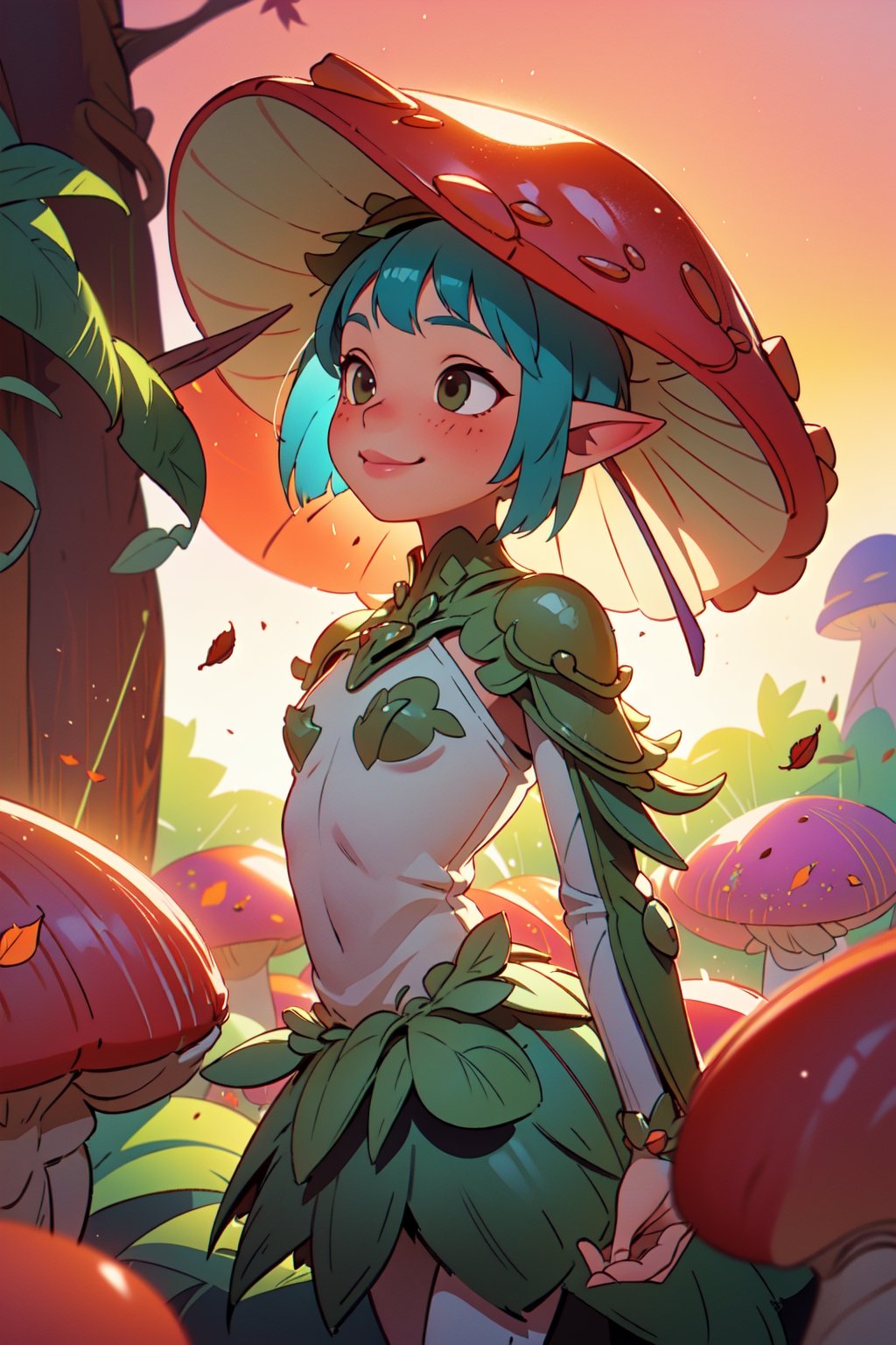 1 woman, (masterpiece), (extremely intricate:1.3), (realistic), ((renaissance)), beautiful, (((leaf armor))), flower skirt and tunic,, ((very large red mushroom hat)), goggles on head, intense sunlight, painting of a stunning woman, fairy girl, (small breasts, flat chest), ((pointed ears, long ears)), translucent dragonfly wings, short hair, multicolor hair, detailed, sharp focus, dramatic, cinematic lighting, (blurry background, blurry foreground, depth of field, sunset), exposure blend, medium shot, high contrast, smirk, smile, pointy ears, Mushroom_Girl,