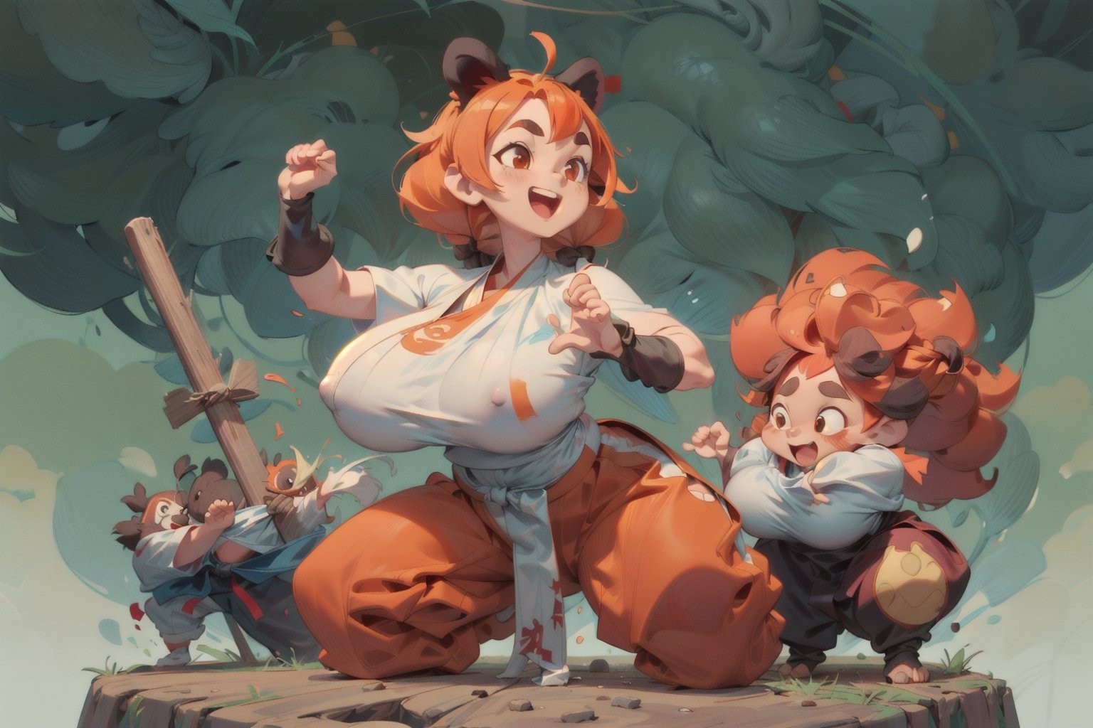 2d illustration,  cute,  chubby,  ((martial artist,  monk)),  1girl,  happy,  ((milf,  curvy figure,  chubby,  huge breasts,  thicc)),  (orange hair,  big hair,  messy hair,  big twin braids),  thick eyebrows,  red-panda ears, animal ears,  red-panda tail,  (baggy pants,  shin pads),  full body