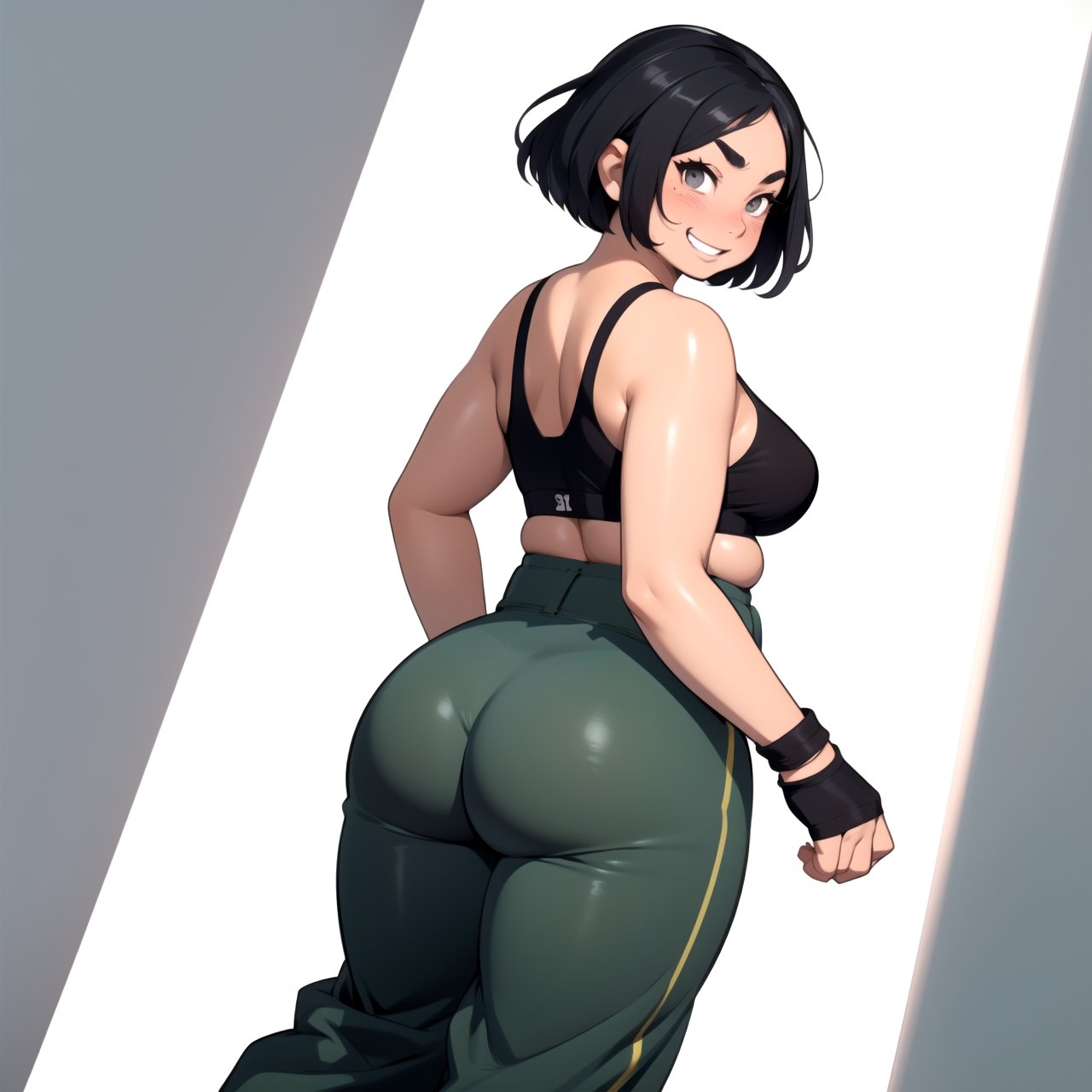 masterpiece, best quality, (mature female, plump, curvy figure, wide hips, thicc, large breasts), ((short)), (short hair, tomboy), black hair, thick eyebrows, ((tan, dark skin)), martial artist, (((hip vent, japanese clothes, dougi, baggy pants))), fingerless gloves, (clothes around waist, sports-bra), happy, smiling, blushing, action pose, fighting_stance, dynamic angle, from behind, manga style illustration,