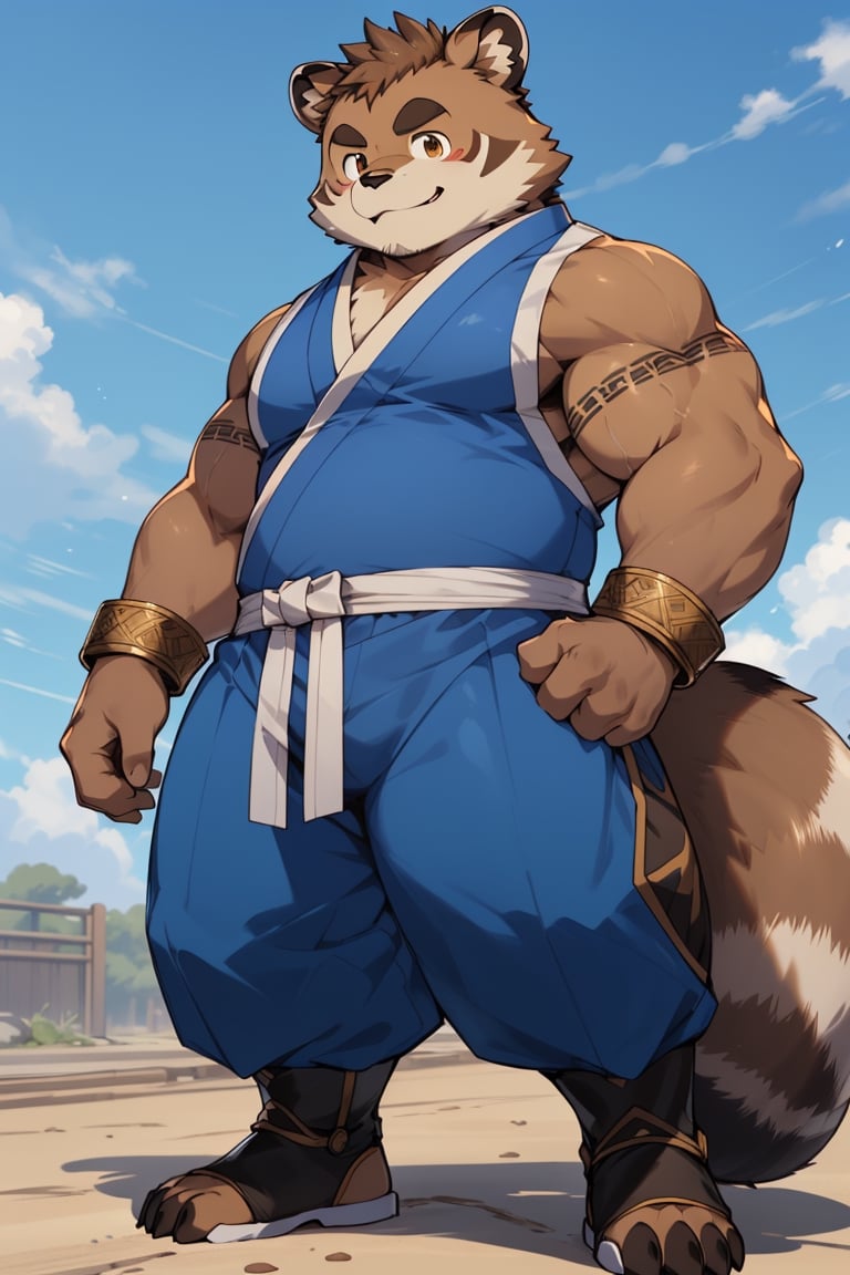 ((1male, fighter, long pants, solo)), (((chubby, bara stocky:1.3, short, round_face, thick eyebrows))), soft smile, (tanuki, raccoon boy), full body shot, (wrist cuffs), ((brown fur, blue monk clothes, shin guards)), (front_view), (chubby_face:0.8), male focus, fighting stance, best quality, masterpiece, intricate details, Anime,nj5furry