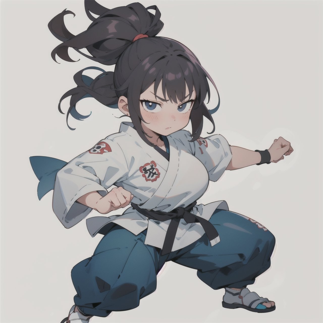 anime illustration of a cute chubby martial artist girl, fighting stance, anime, shortstack