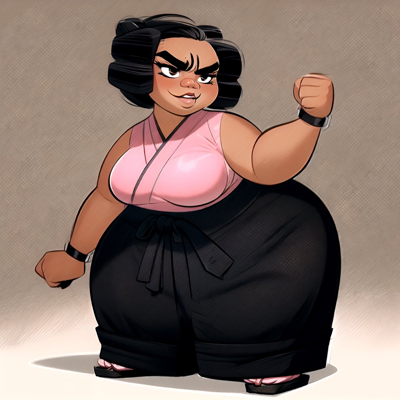 best quality, (mature female, plump, curvy figure, wide hips, thicc, large breasts), ((shortstack)), ((pretty face)), short hair, tomboy, black hair, thick eyebrows, ((tan, dark skin)), martial artist, (((hip vent))), ((japanese clothes, baggy pants)), excited, blushing, ((fighting stance)), cartoon illustration, ((ink)),